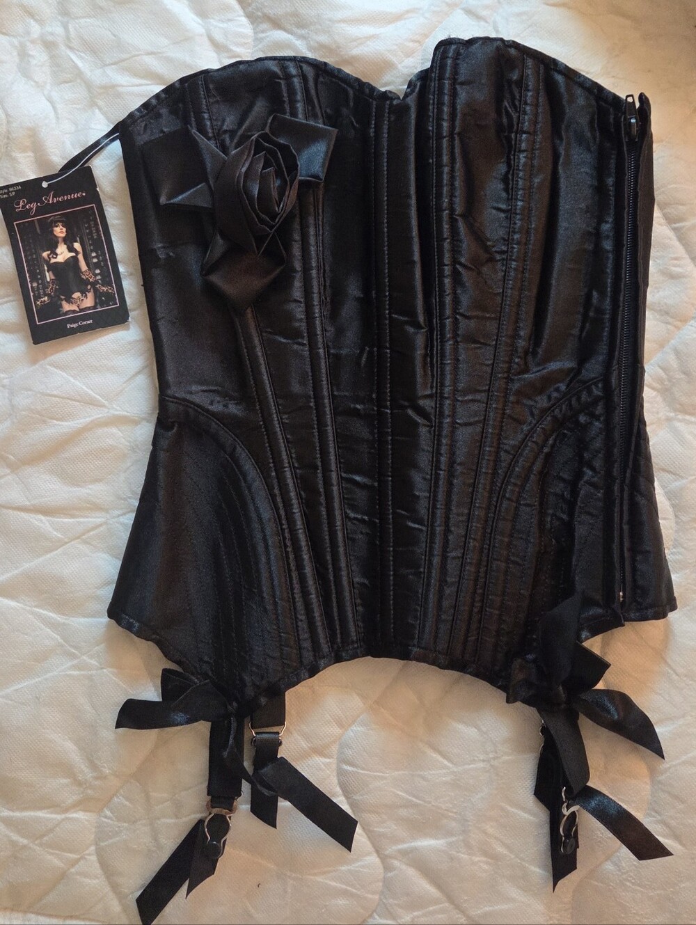 NWT Leg Avenue Black Satin Overbust Corset Bustier Garters Small